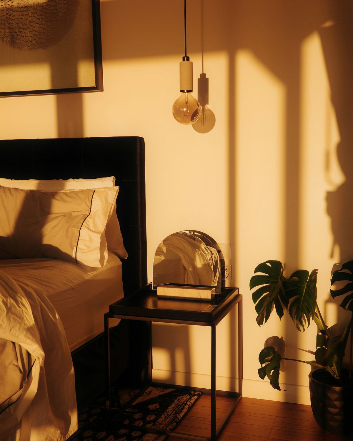 Bedroom bathed in warm evening light